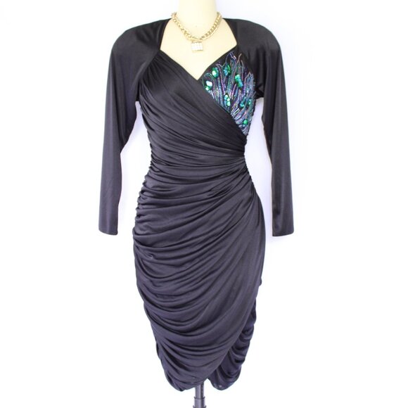 Vintage Abby Kent peacock beaded ruched draped wiggle satin black DISCO dress - Picture 2 of 10